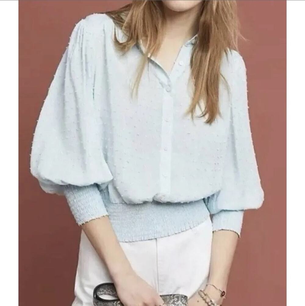 Maeve By Anthropologie Blue Rosa Swiss Dot Button Up Blouse Size XL